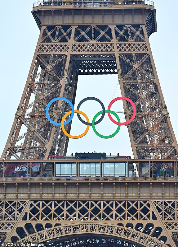 PARIS, FRANCE - JULY 26: The Olympic Rings are displayed on the Eiffel Tower before the opening ceremony of the Olympic Games Paris 2024 at Place du Trocadero on July 26, 2024 in Paris, France. (Photo by VCG/VCG via Getty Images)