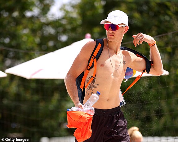 PARIS, FRANCE - JULY 25: Steven van de Velde of Team Netherlands during a Beach Volleyball training session on Day-1 of the Olympic Games Paris 2024 at the Eiffel Tower Stadium on July 25, 2024 in Paris, France. (Photo by Michael Reaves/Getty Images)