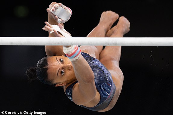 PARIS, FRANCE - JULY 25: Becky Downie MBE of Team Great Britain practices on the uneven bars on July 25, 2024 in Paris, France. (Photo by Steve Christo - Corbis/Corbis via Getty Images)