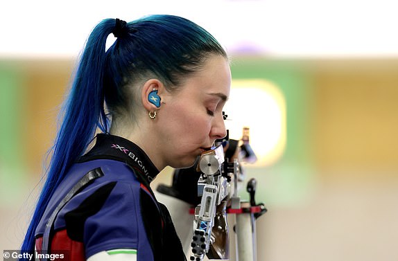 CHATEAUROUX, FRANCE - JULY 27: Seonaid McIntosh of Team Great Britain reacts while competing in the 10m Air Rifle Mix Team Qualification on day one of the Olympic Games Paris 2024 at Chateauroux Shooting Centre on July 27, 2024 in Chateauroux, France. (Photo by Charles McQuillan/Getty Images)