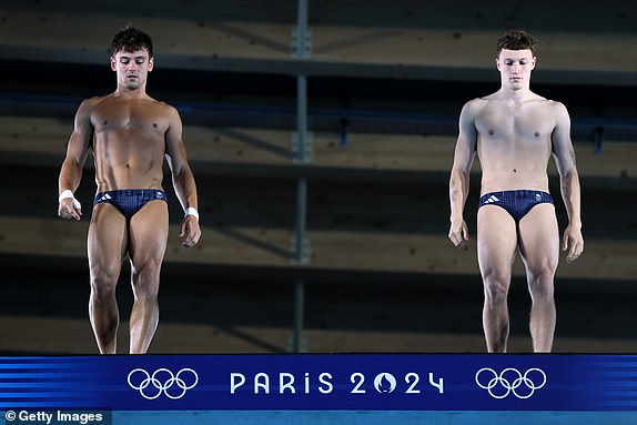 PARIS, FRANCE - JULY 23: Tom Daley and Noah Williams of Team practice during a diving training session ahead of the Paris Olympic Games at the Aquatics Centre on July 23, 2024 in Paris, France. (Photo by Clive Rose/Getty Images)