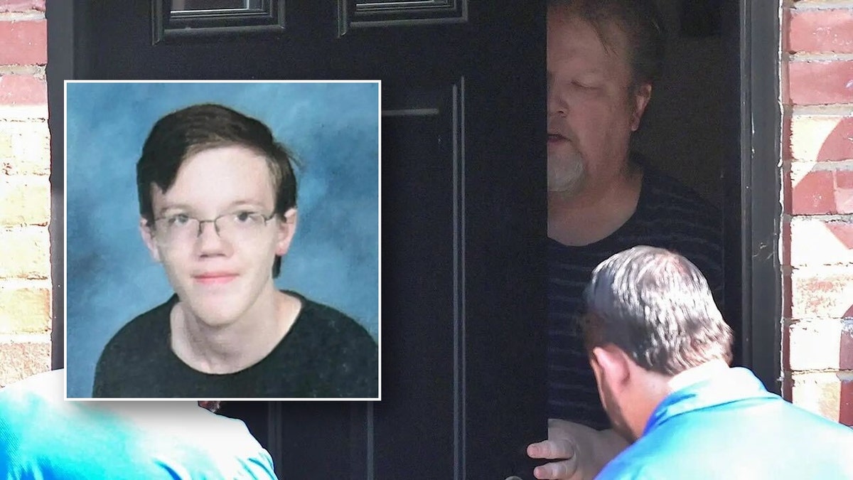 Thomas Matthew Crooks' yearbook photo over a picture of a man opening a door.