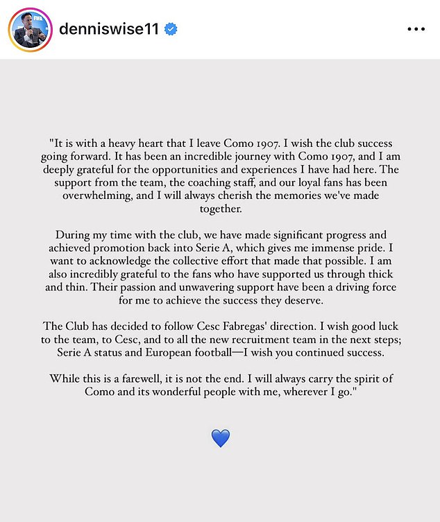 Wise described his 'heavy heart' at leaving the club in a post on his Instagram account