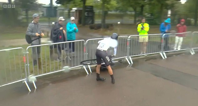 American cyclist Taylor Knibb (pictured) fell off her bike during the women's time trail in Paris