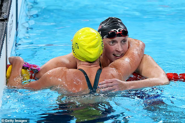 Katie Ledecky, embracing Titmus, finished in third place, far behind