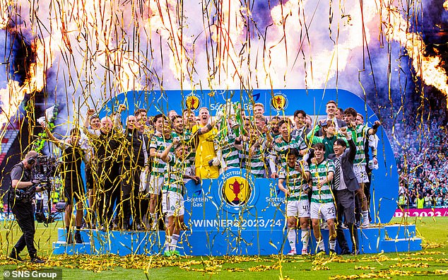 Celtic celebrate last season's Scottish Cup win, their 36th major trophy during Lawwell's time