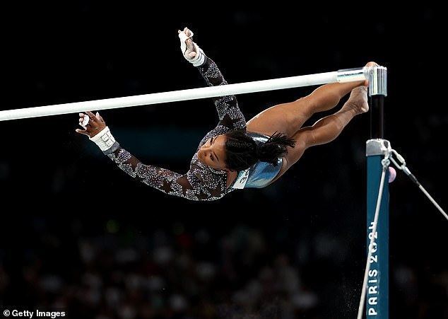 Twenty-seven-year-old gymnastics icon Biles also competed on the uneven bars on Sunday