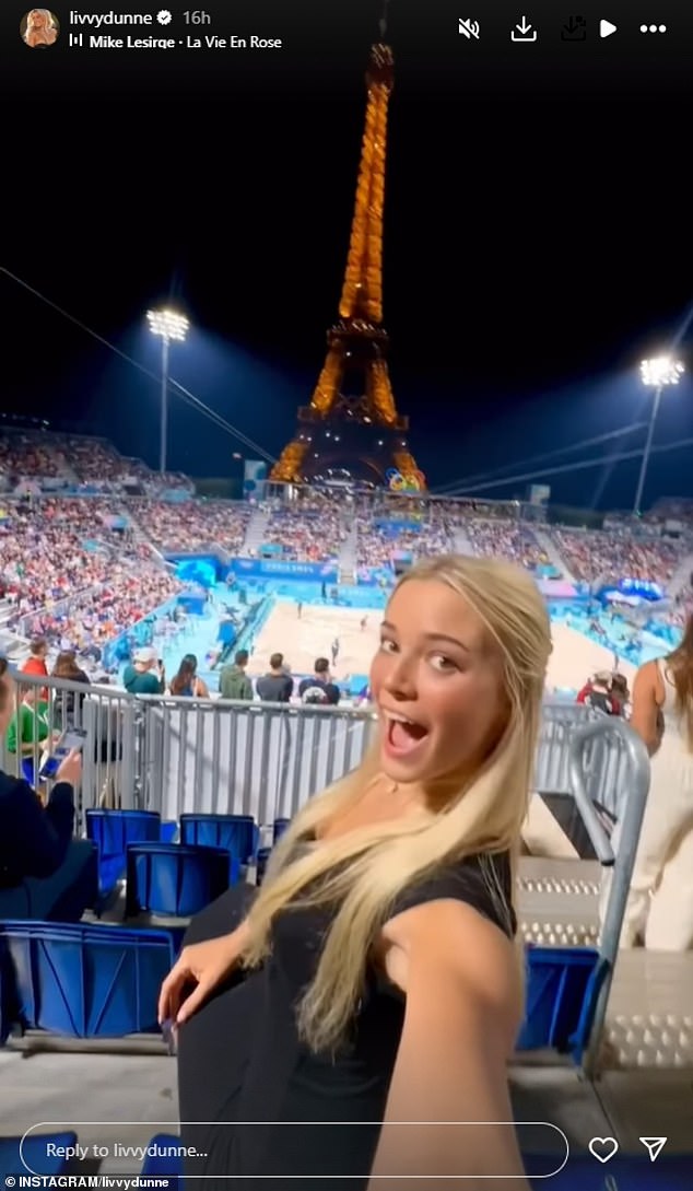 Dunne pictured herself on Instagram, showing Paris' glittering Eiffel Tower in the background