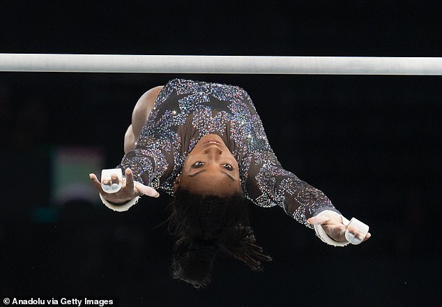 Simone Biles from Team USA competes in the women's gymnastics at the Bercy Arena