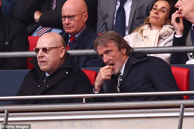 Avram Glazer (left) and Sir Jim Ratcliffe (right) pictured watching the United men's team in their FA Cup semi-final against Coventry City at London's Wembley Stadium in April this year