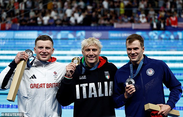 Nicolo Martinenghi (centre) won gold on Sunday after being 0.02 seconds quicker than Peaty