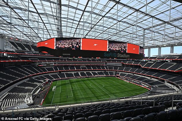 The videoboard is the world's largest at 120 yards long, 75 yards wide and weighs 1,000 tonnes