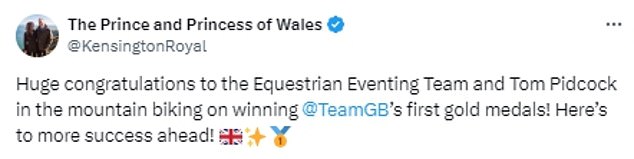 The Prince and Princess of Wales took to X (formerly Twitter) to issue their congratulations to the eventing team and Pidcock