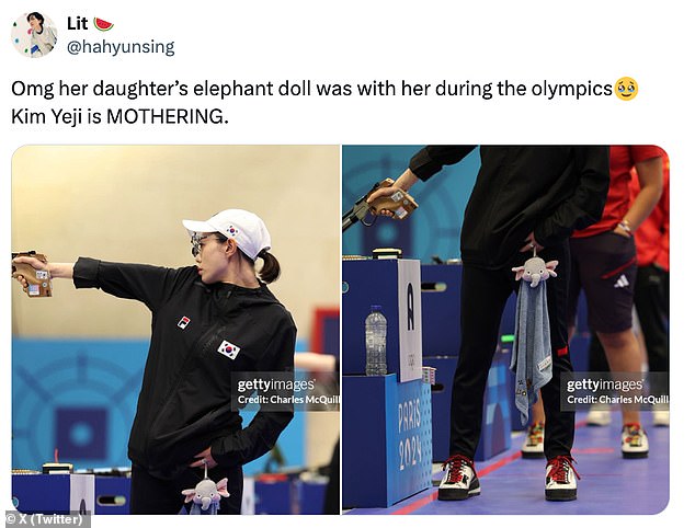 Kim with her daughter's stuffed toy while competing