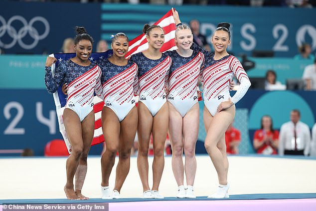 The members of the USA women's gymnastics team after winning the team gold medal in Paris