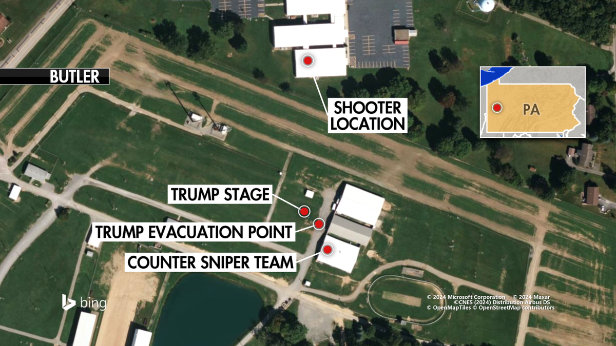 Map illustrating the layout of the Trump rally and the surrounding area, including the position of the gunman