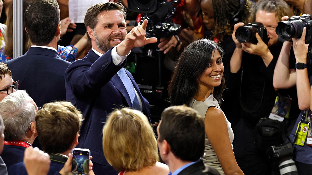 JD Vance and his wife Usha Vance arriving at the first day of the 2024 Republican National Convention at the Fiserv Forum in Milwaukee, Wisconsin