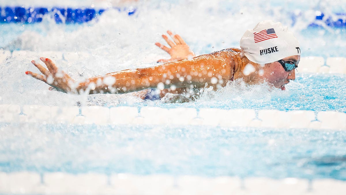 Torri Huske, of the United States, competes in the women's 100-meter butterfly semifinal at the 2024 Summer Olympics, in the Paris La Defense Arena in Nanterre, France, on Saturday, July 27, 2024.