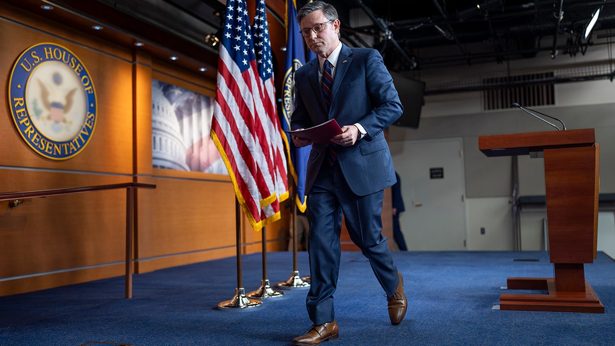 Speaker of the House Mike Johnson leaves a news conference after being informed by reporters that Secret Service Director Kimberly Cheatle had resigned