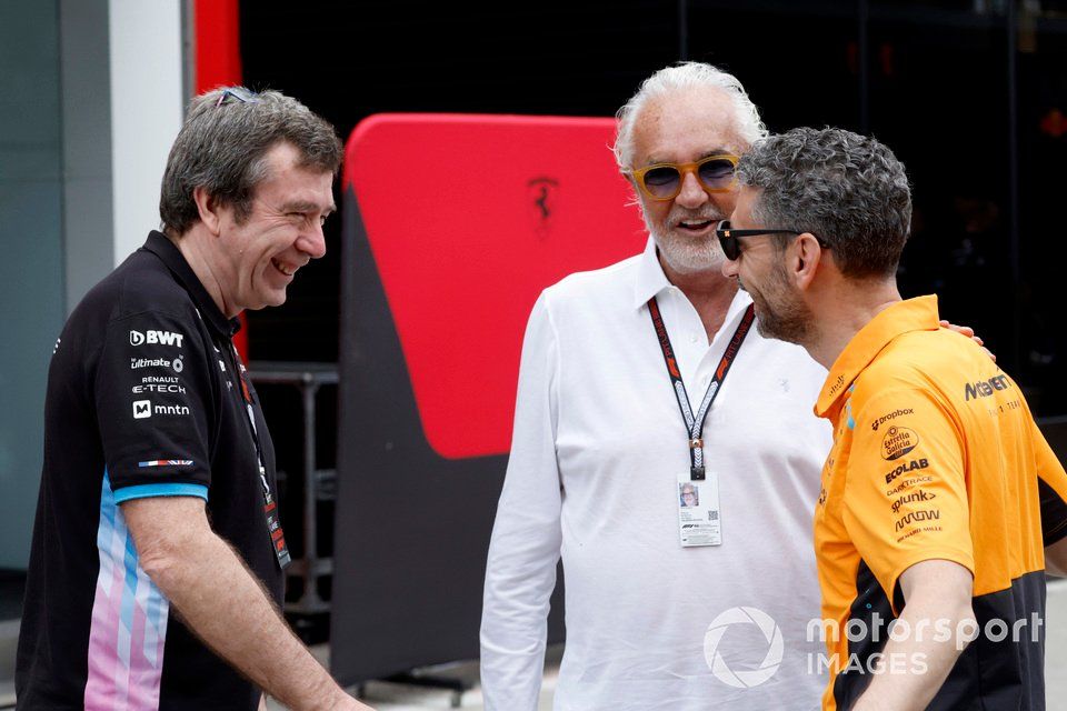 Bruno Famin, Team Principal, Alpine F1 Team, Flavio Briatore, Executive Advisor, Alpine F1 and Andrea Stella, Team Principal, McLaren F1 Team