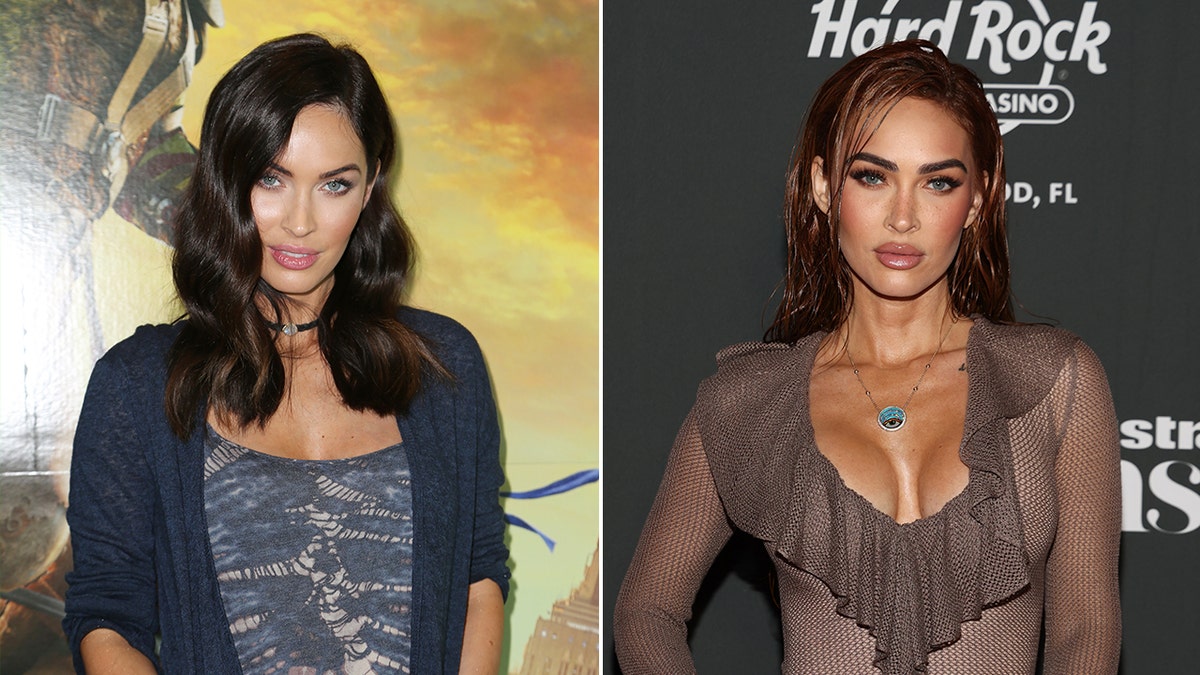 Megan Fox in a blue dress and sweater in 2016 split Megan Fox in a brown ruffle dress