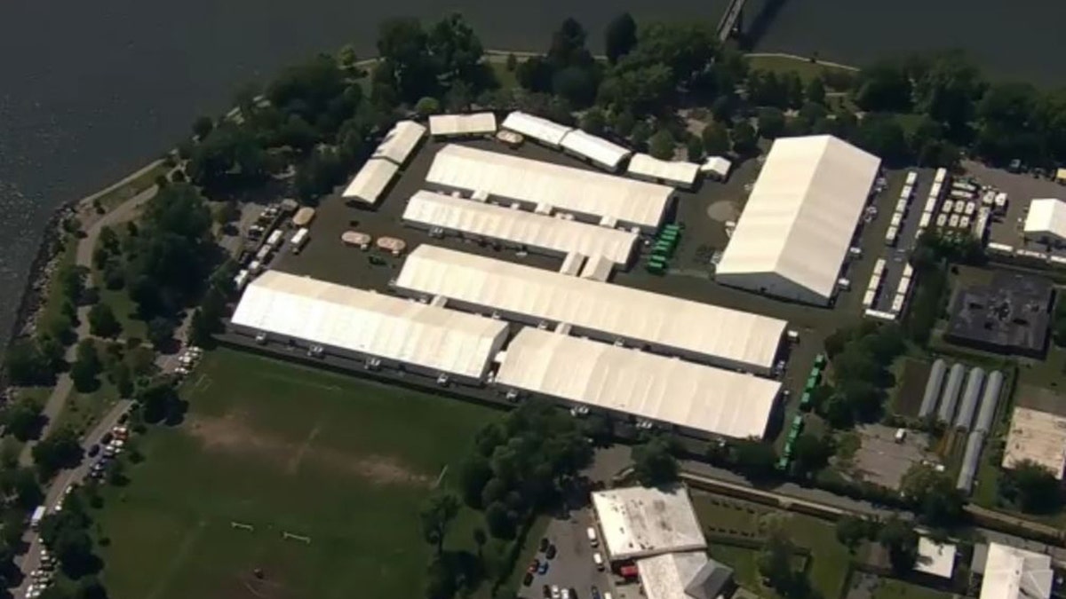 aerial view of migrant shelter on Randall's Island