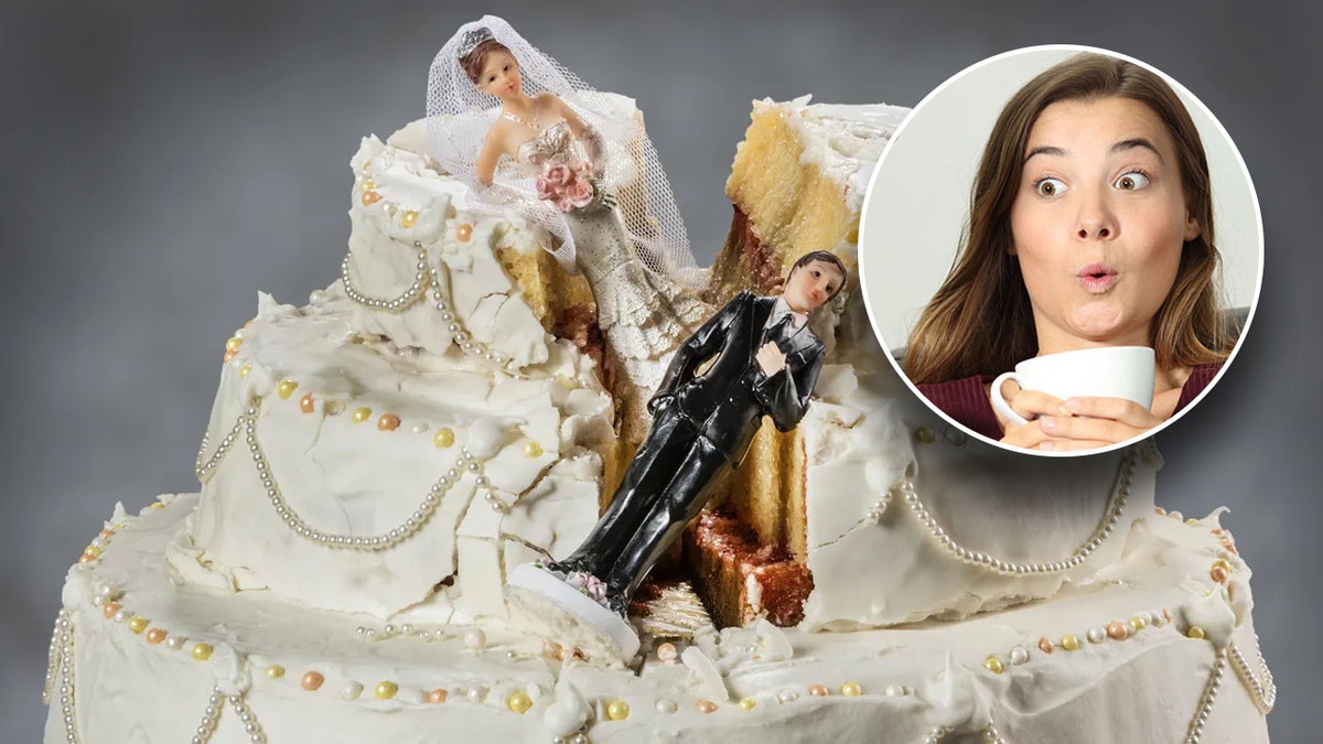 A woman grimacing at a photo of a damaged wedding cake.