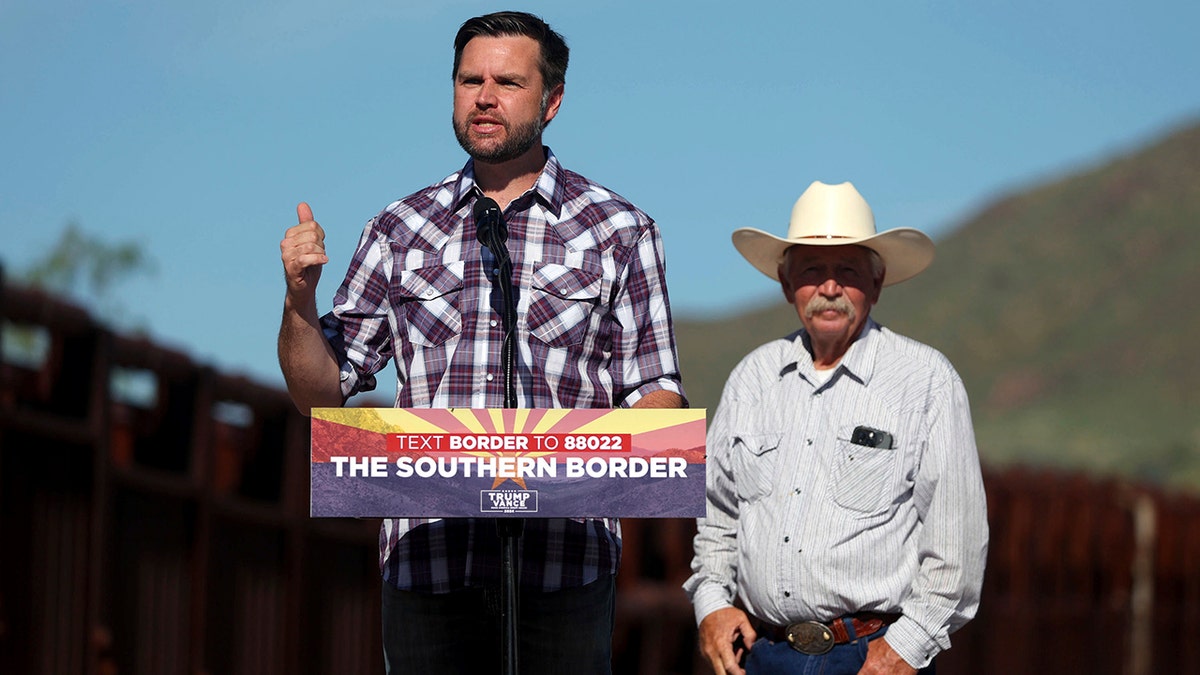 Republican vice presidential candidate Sen. J.D. Vance, R-Ohio, addresses the media during his visit to the U.S.-Mexico border in Hereford, Arizona, on Thursday, Aug. 1, 2024.