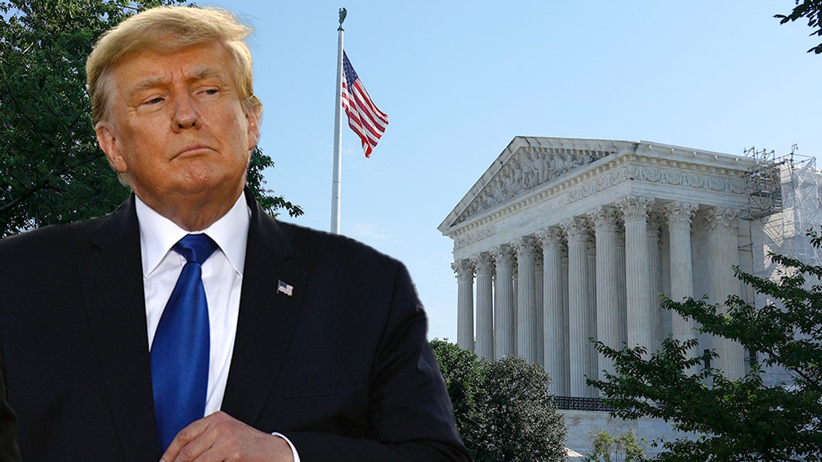 photo illustration of Trump overlaid on an image of the Supreme Court building