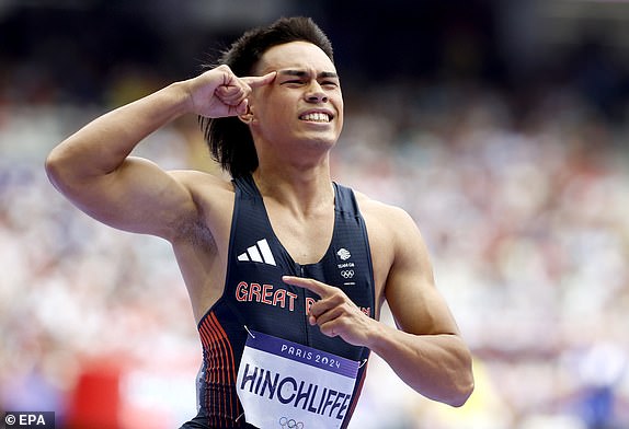 epa11521386 Louie Hinchcliffe of Great Britain celebrates winning his race in Round 1 of the Men 100m heats of the Athletics competitions in the Paris 2024 Olympic Games, at the Stade de France stadium in Saint Denis, France, 03 August 2024.  EPA/YOAN VALAT