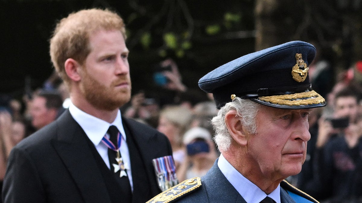 Prince Harry in a dark suit adorned with medals walking behind his father, who is in military attire.