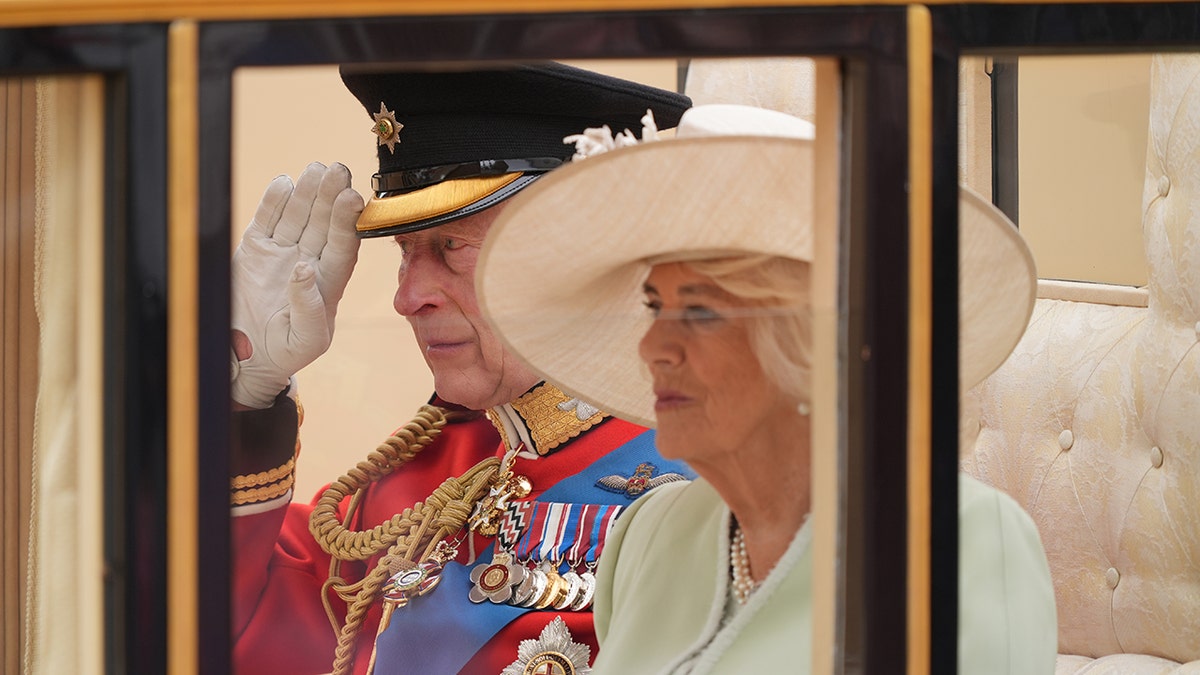 King Charles and Queen Camilla together in a royal carriage.