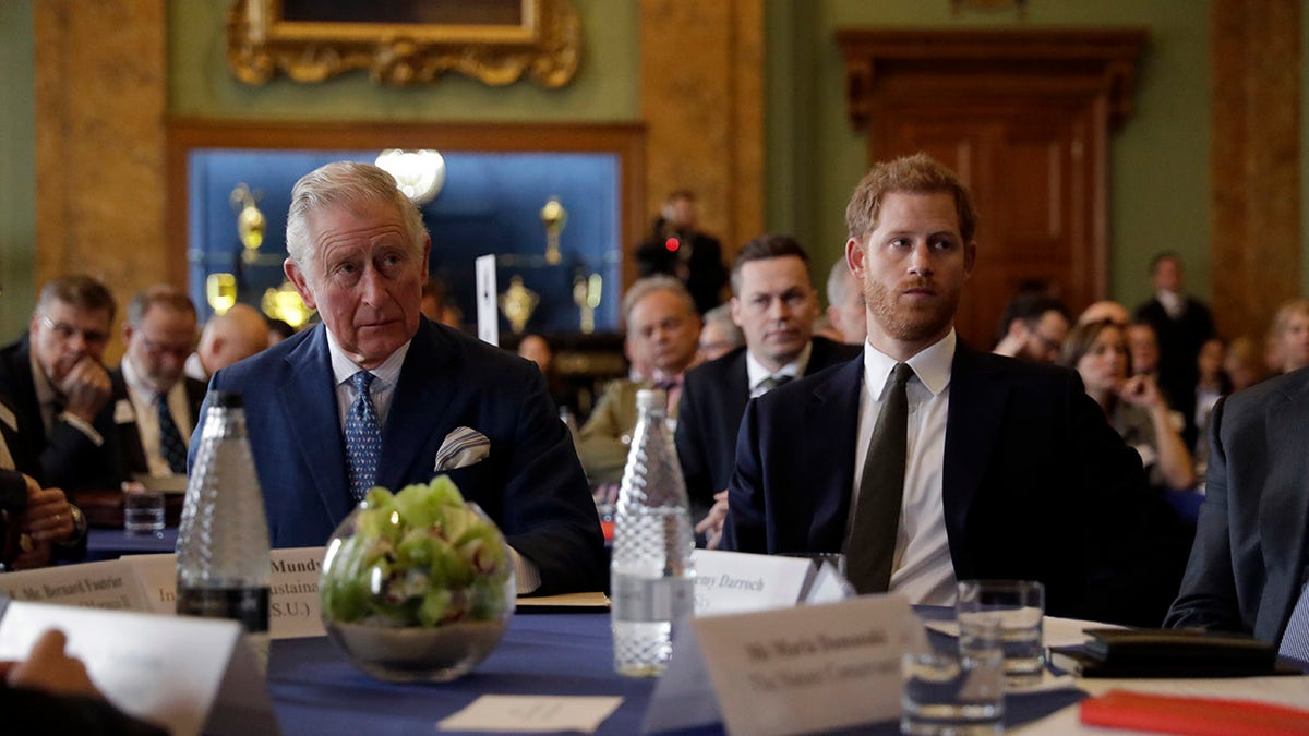 King Charles and Prince Harry in serious expressions, dressed in dark blue suits and ties at a conference table.