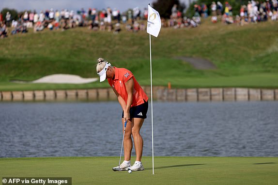 Britain's Charley Hull competes in round 1 of women's individual stroke play during the Paris 2024 Olympic Games at Le Golf National, Guyancourt, south-west of Paris on August 7, 2024. (Photo by Emmanuel DUNAND / AFP) (Photo by EMMANUEL DUNAND/AFP via Getty Images)