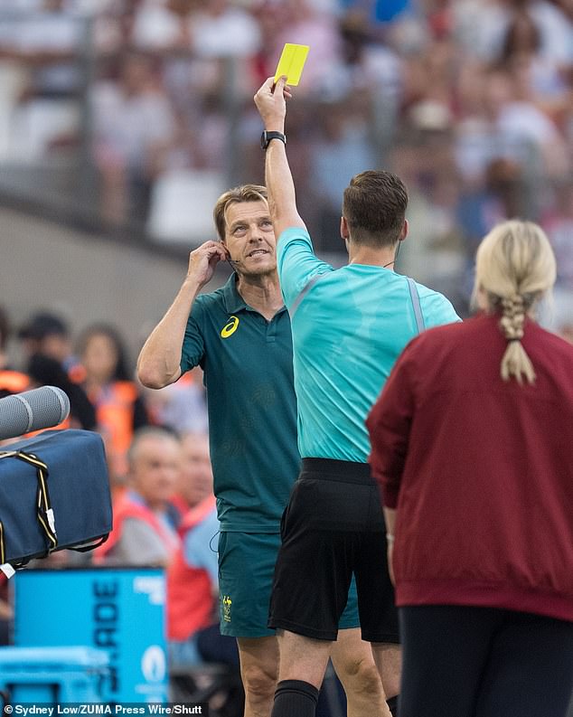 Matildas coach Tony Gustavsson's tenure ends after the team's failure to progress from the group stage at the Paris Olympics (Gustavsson shown receiving a yellow card during the loss to the USA)