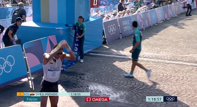 Pintado (bottom left) crossed the finish line before jumping up in the air to copy the iconic celebration