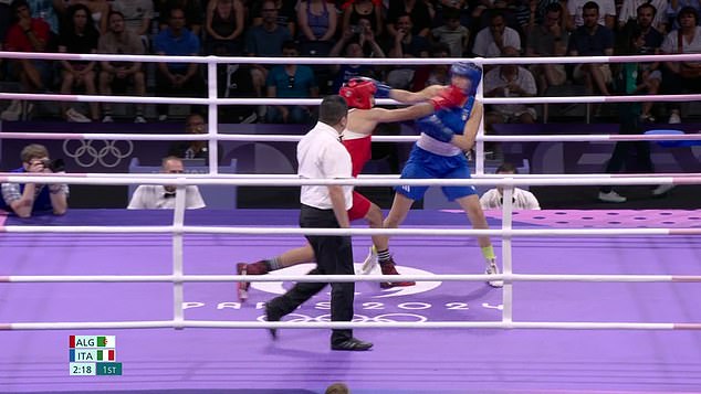 Imane Khelif (left) landed a huge right hand on her Italian opponent Angela Carini (right)