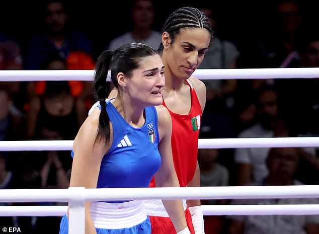 Riley Gaines has criticized Olympic officials after Algerian boxer Imane Khelif (right) outperformed female Italian rival Angela Carini (left) amidst gender controversy