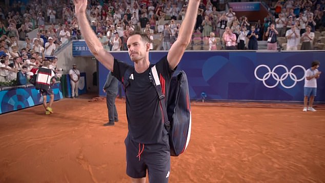 A tearful Murray waves to the crowd after playing the final match of his tennis career