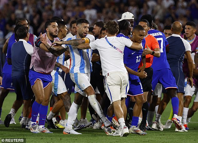 Players clashed after the match, following France's victory over Argentina in Bordeaux