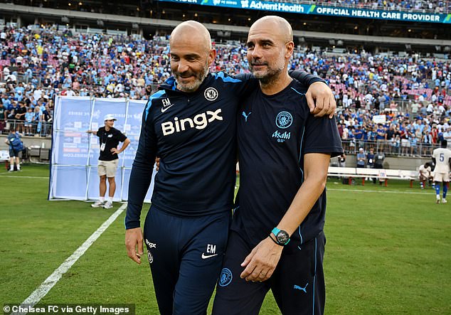 Pep Guardiola (right) defended his former assistant Enzo Maresca (left) after their troubles playing out from the back in pre-season