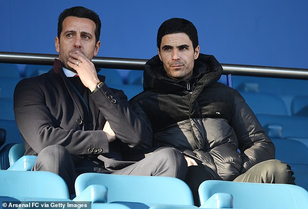 Edu alongside manager Mikel Arteta during an Arsenal match in December 2019