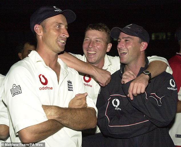 Thorpe (right) with England's Nasser Hussain (left) and Michael Atherton (centre) in 2000