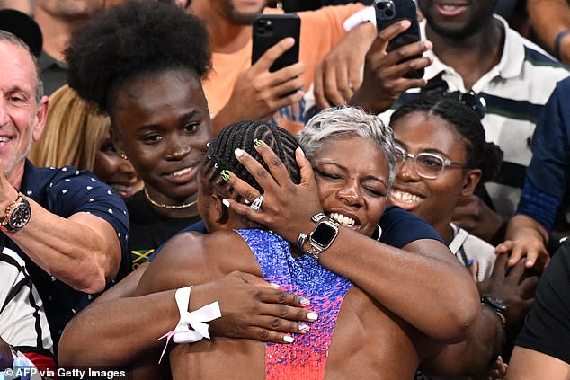 Keisha Caine Bishop, mother of Noah Lyles (pictured with her son), encouraged Hoare to maintain his joy