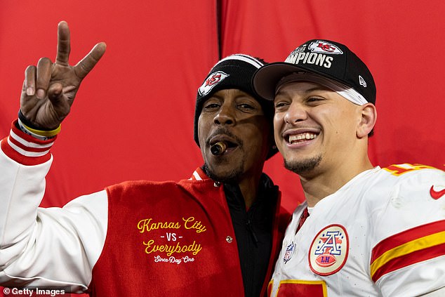 Pat Sr. and Patrick Mahomes II share a smile after the latter's Chiefs won another AFC title