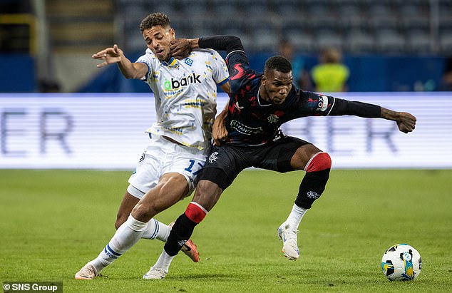 Rangers midfielder Dujon Sterling battles with Dynamo's Justin Lonwijk