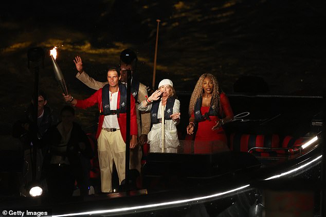 Williams (right) was part of the opening ceremony as she shared a boat with Rafael Nadal, Carl Lewis and Nadia Comaneci