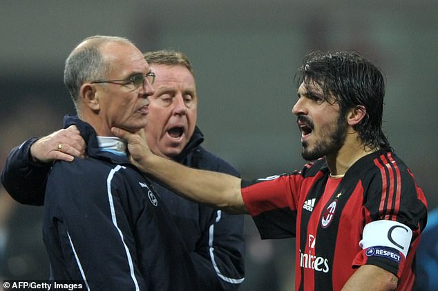 Gattuso was embroiled in several confrontations - including this brawl with Joe Jordan (left)