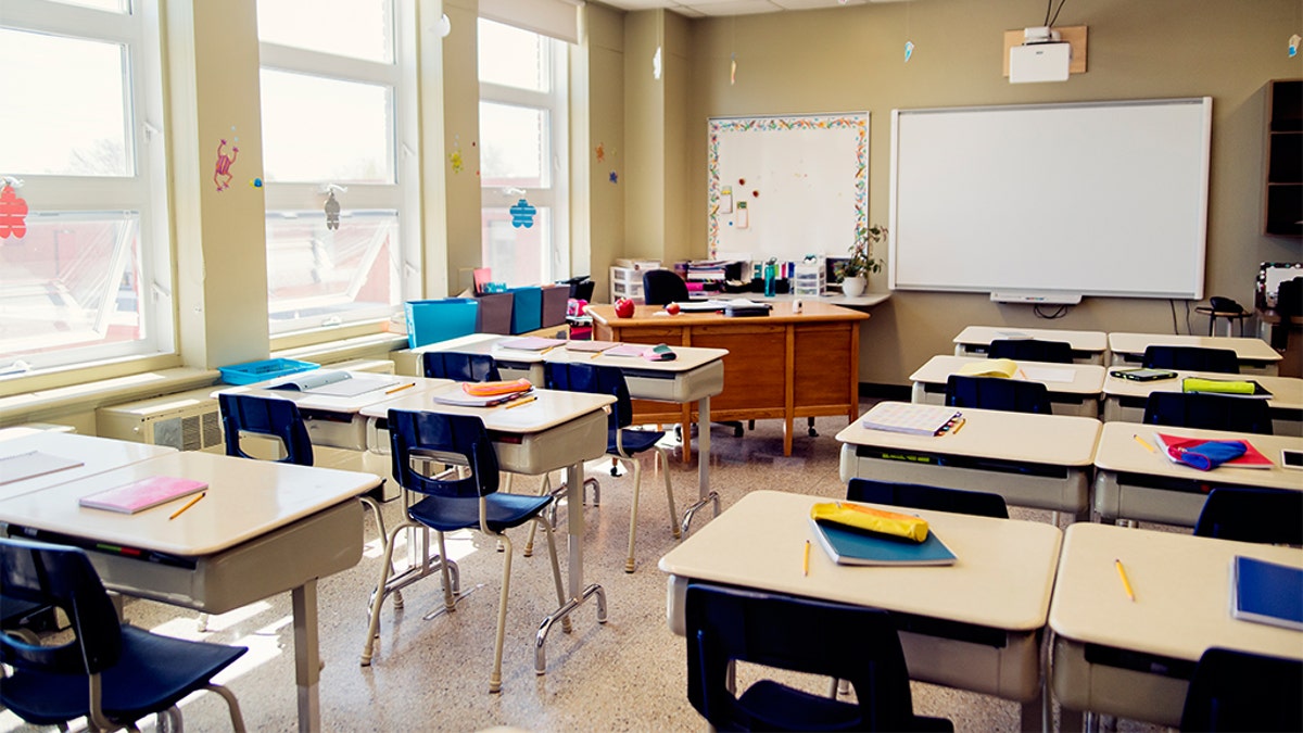 An empty elementary school classroom