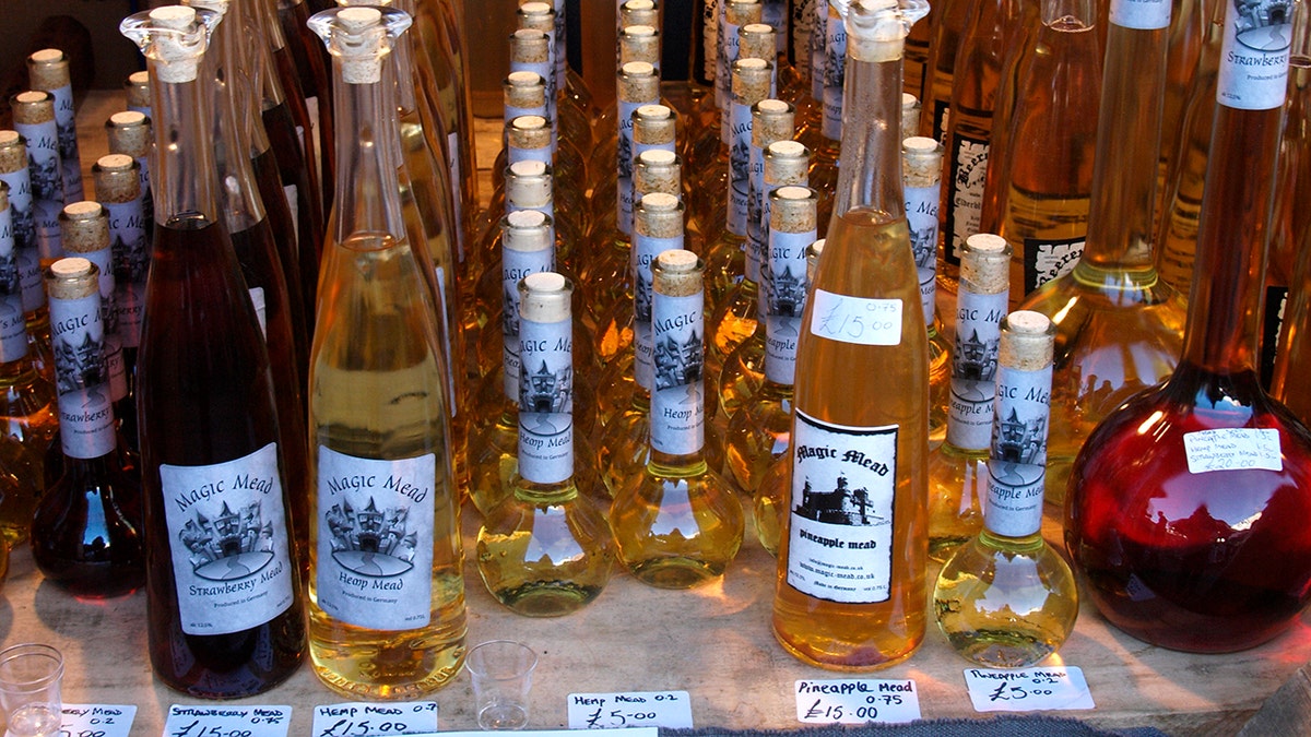 Mead for sale at Exeter Christmas Market, Devon, UK.